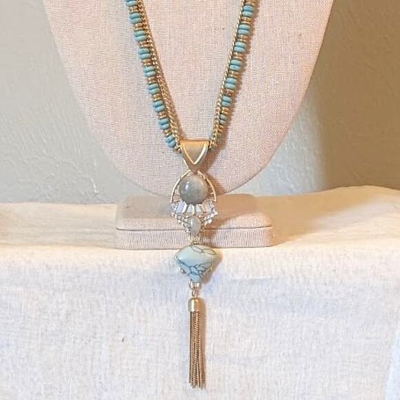 Charming Charlie Gold Tone Turquoise Colored Beads and Stone Tassel Pendant - Picture 1 of 5